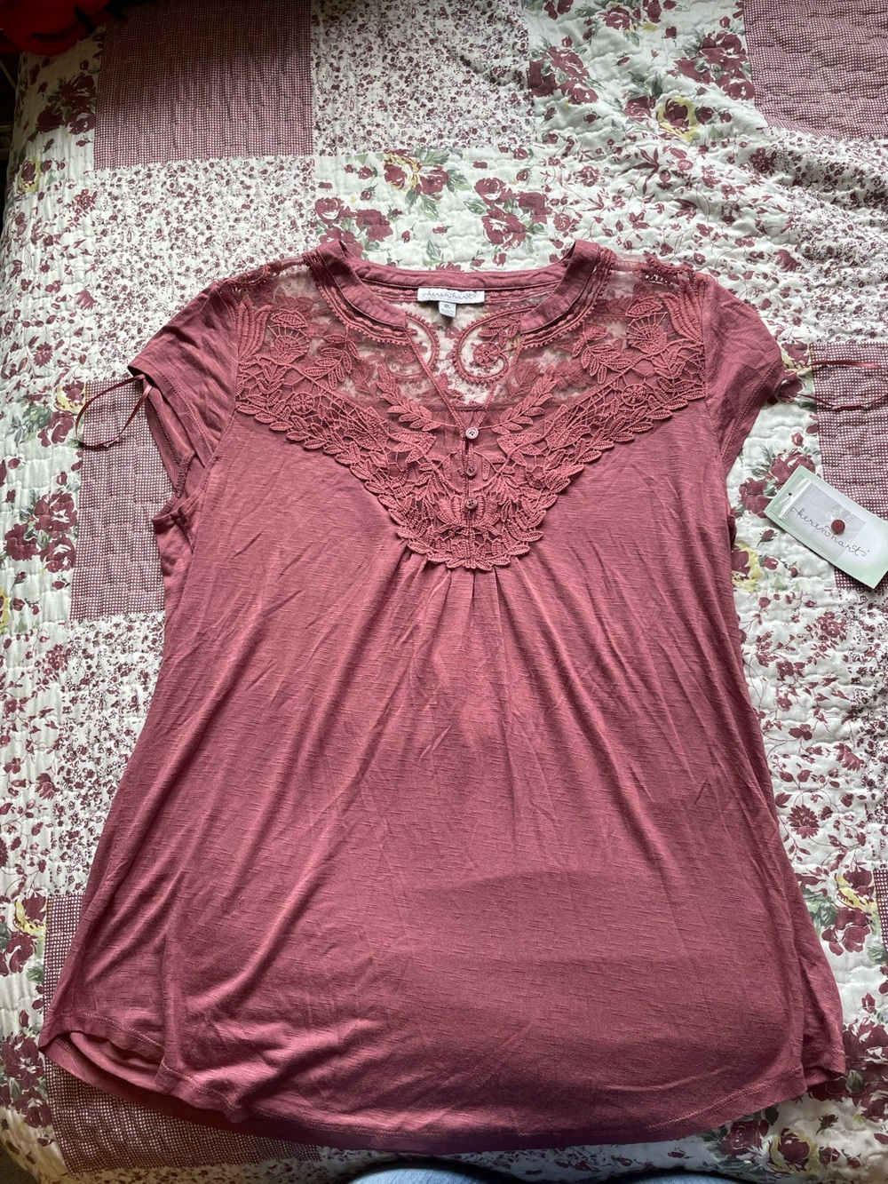 Daniel Rainn Crochet Yoke Short Sleeve Top in Dusty Mauve